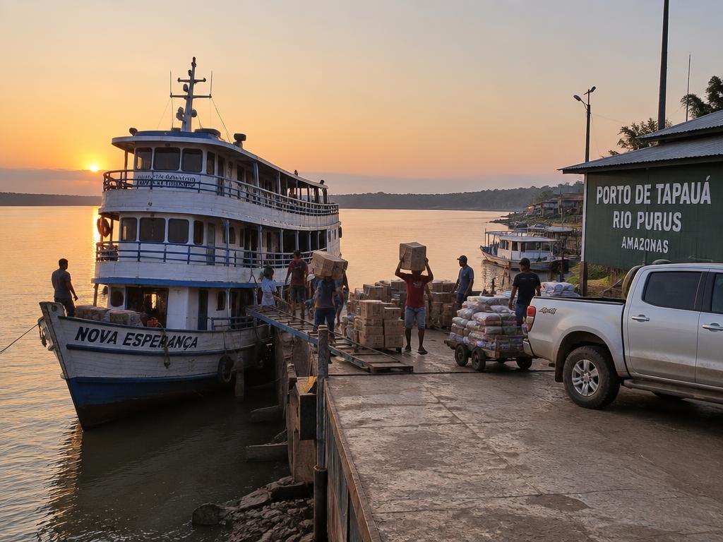 Barco chegando ao porto de Tapauá com carga e caminhonete esperando